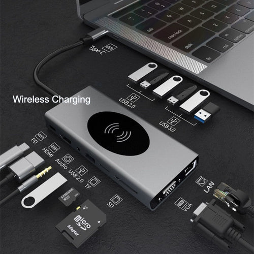 15 az 1-ben USB-C hub - Vezeték nélküli töltés - 4K HDMI - SD/TF kártyaolvasó - Ethernet - MacBook | meowbutter