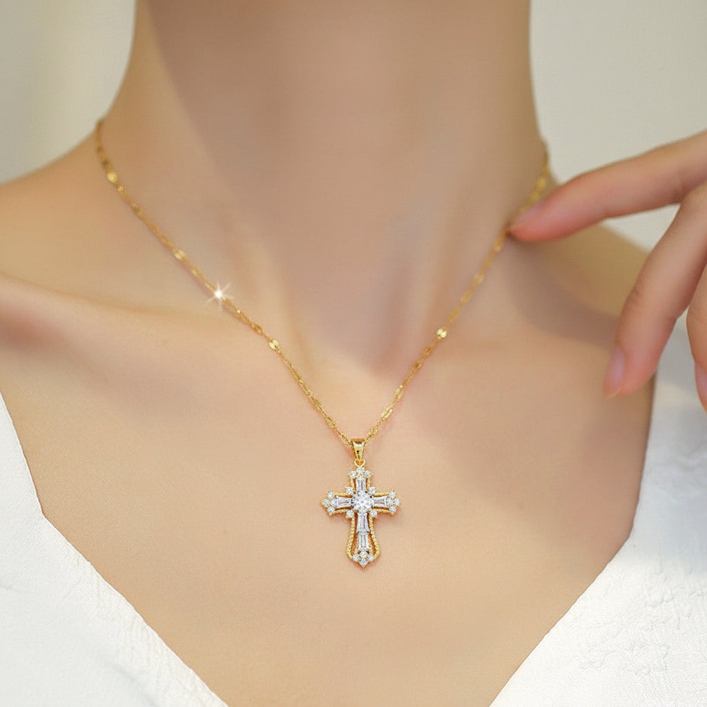 Lightweight Gold Electroplated Cross Pendant Necklace—Low Profile Alloy Base