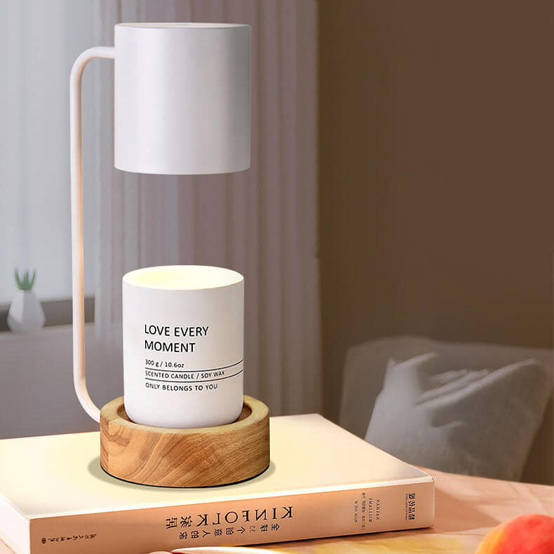 Japansk minimalistisk bordslampa — massiv träbas, polerad stålskärm
