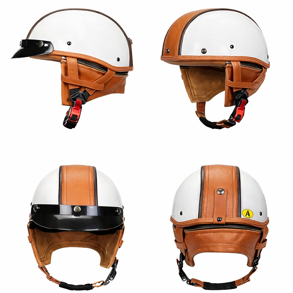 Casco Retro Medio – Acabado Clásico en Cuero con Cubiertas de Orejas Removibles – Aprobado por DOT y ECE - Meowbutter