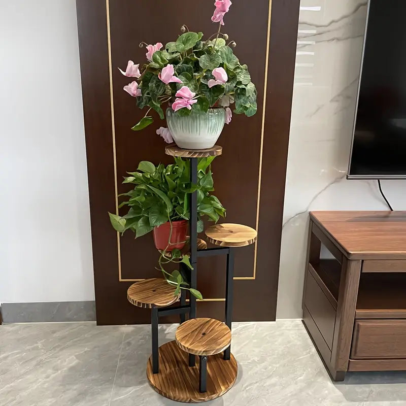 Portapiante rotondo Verdura a sei livelli — Base in legno massello, finitura verniciata a righe