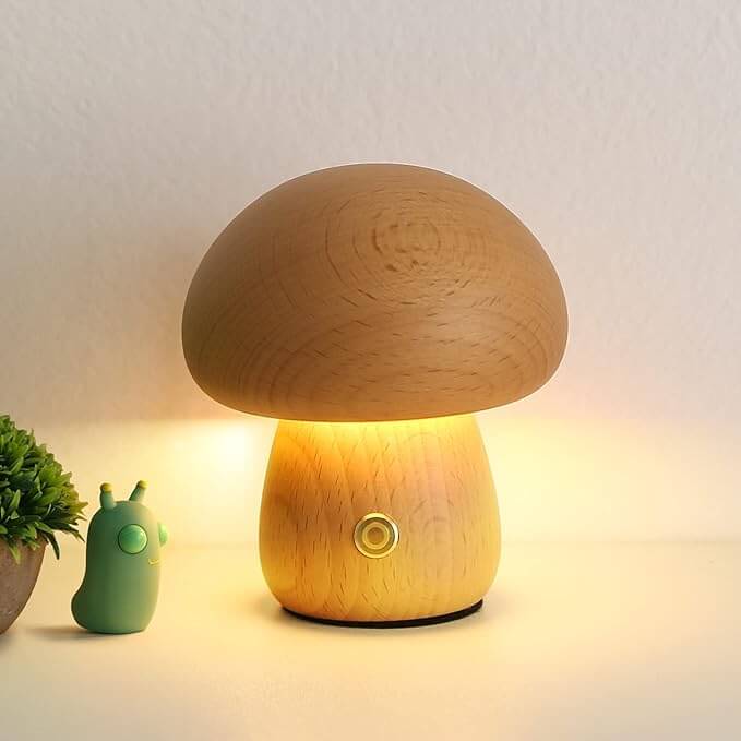 Portobello Mushroom Lamp | Natural Wood Rechargeable Night Light | Meowbutter