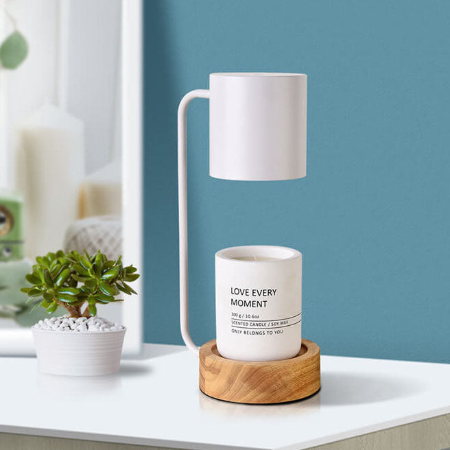 Japansk minimalistisk bordslampa — massiv träbas, polerad stålskärm