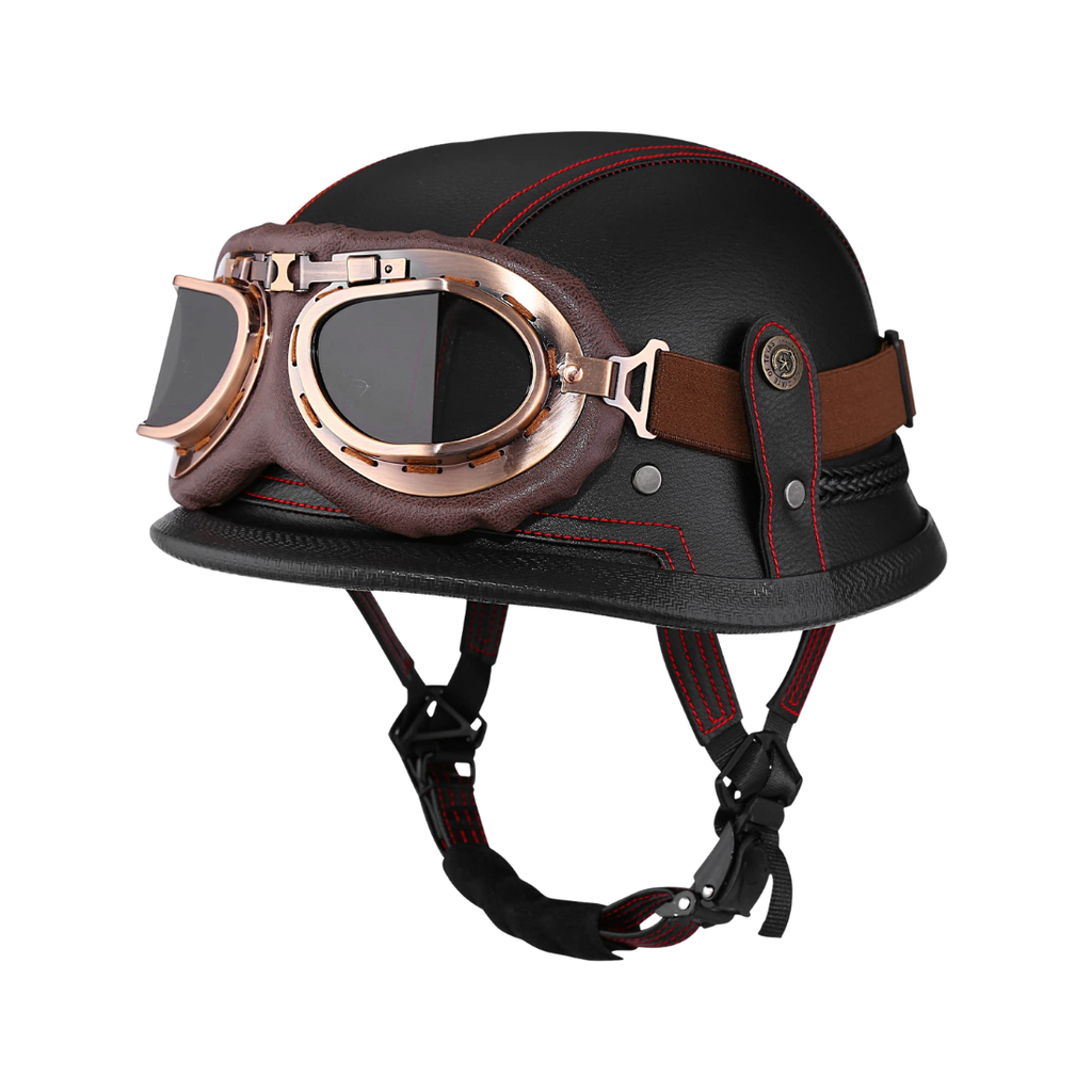Casco de media cara para motocicleta de cuero alemán retro - Certificación DOT - Meowbutter