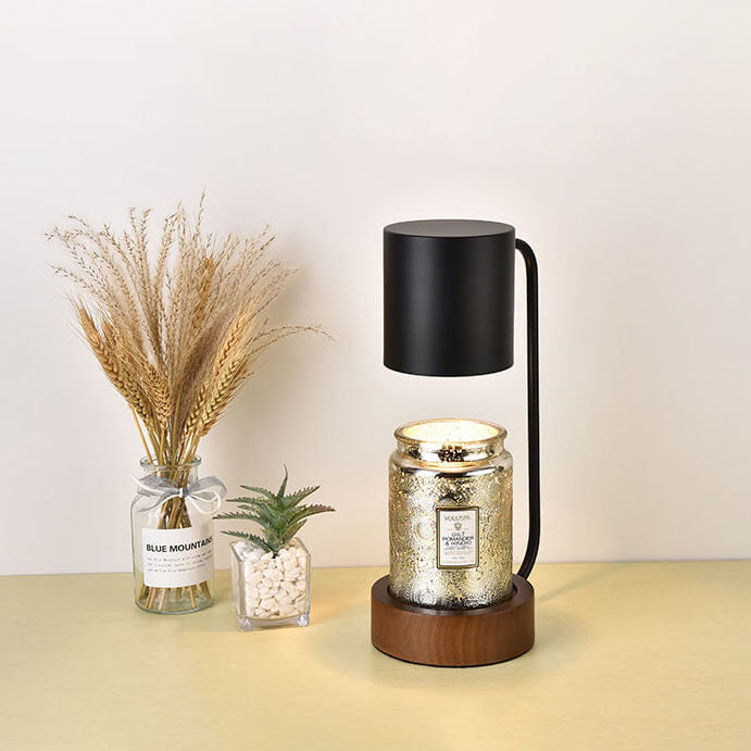 Japansk minimalistisk bordslampa — massiv träbas, polerad stålskärm