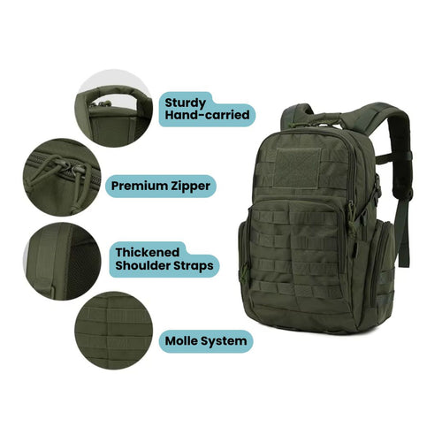 Taktický batoh 25L - 600D voděodolný - MOLLE a přihrádka na hydrataci - zelená, černá a khaki | meowbutter