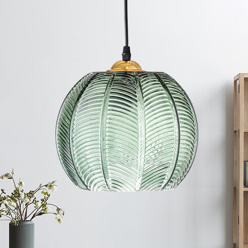 Lampada a sospensione in vetro rigato color zucca | Lampada a sospensione verde retrò | Meowbutter