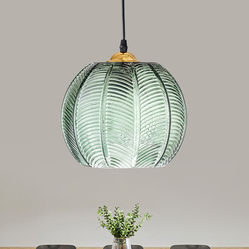 Lampada a sospensione in vetro rigato color zucca | Lampada a sospensione verde retrò | Meowbutter