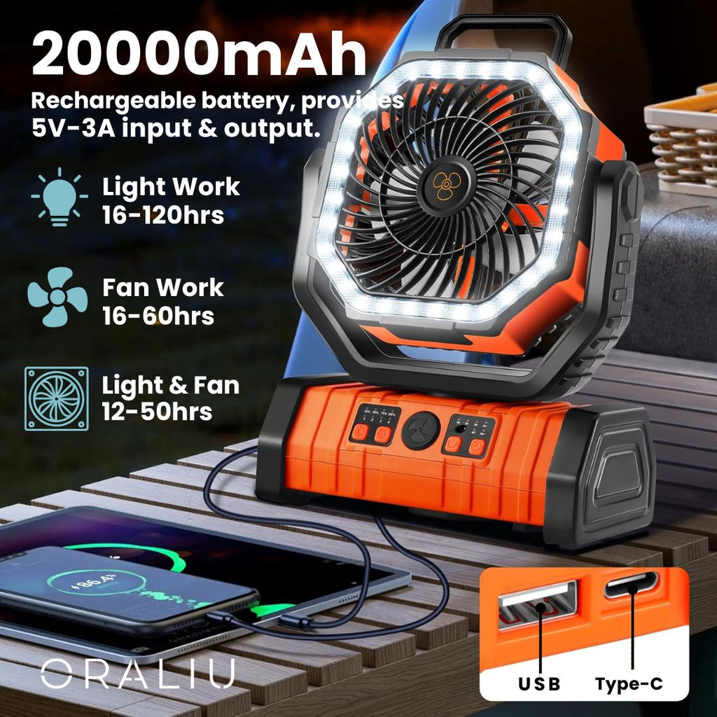 Kempingový ventilátor s LED světlem a powerbankou 20000mAh – USB dobíjecí – zelený a oranžový | meowbutter