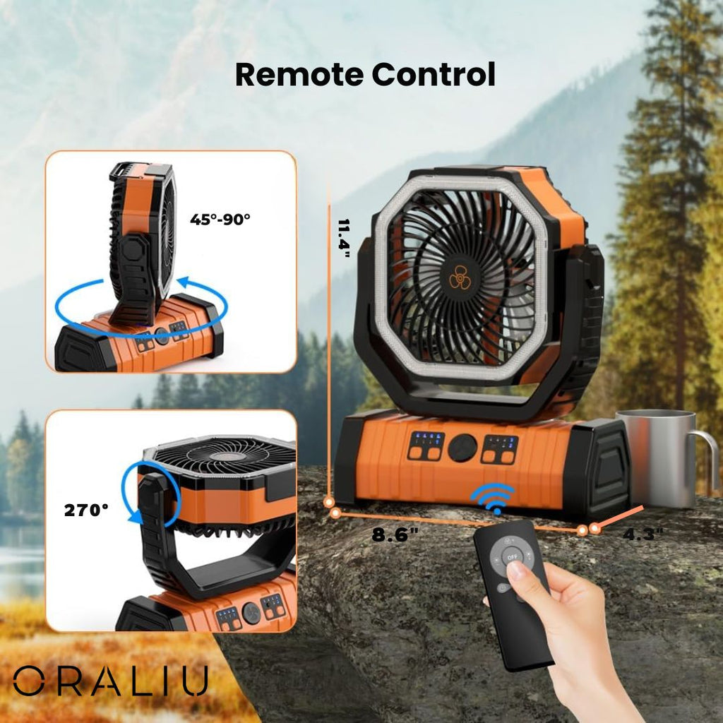 Kempingový ventilátor s LED světlem a powerbankou 20000mAh – USB dobíjecí – zelený a oranžový | meowbutter
