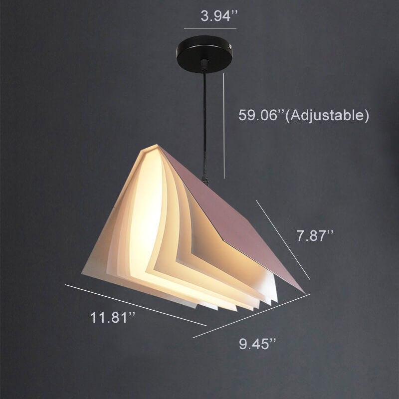 Lampa wisząca w kształcie otwartej książki — żelazna rama, klosz z PVC, design otwartych stron
