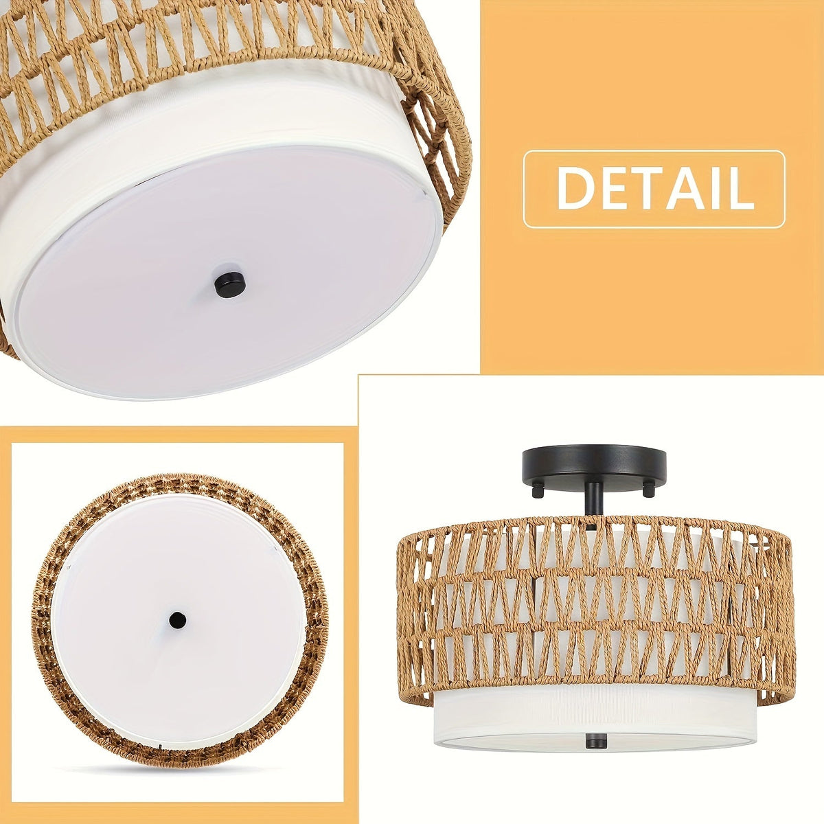Boho ημιχωνευτό φωτιστικό οροφής — Πλεκτός σκελετός από ρατάν, λινό καπέλο