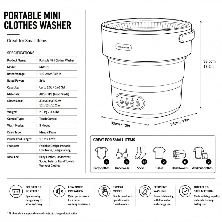 Faltbare Waschmaschine – 5 Waschprogramme – Für empfindliche Stoffe – 40 dB – Kompakt & tragbar | meowbutter