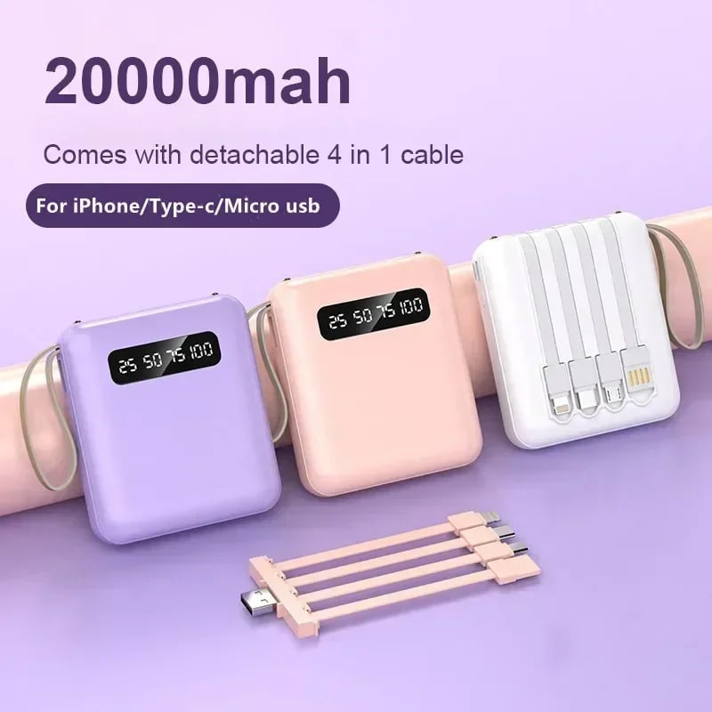 4 az 1-ben Power Bank - USB-C Gyors Töltés - 10000 és 20000mAh - Fekete, Fehér és Lila | meowbutter