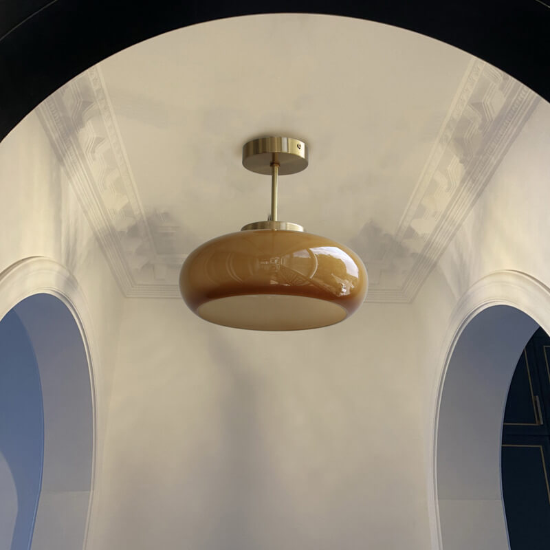 Vintage Brass Semi Flush Ceiling Light — Amber Glass Diffuser