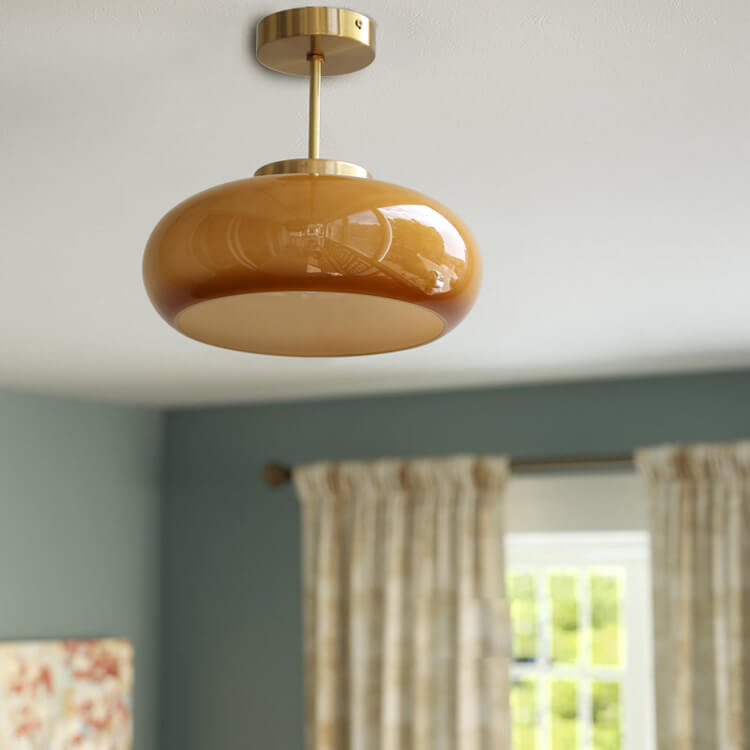 Vintage Brass Semi Flush Ceiling Light — Amber Glass Diffuser