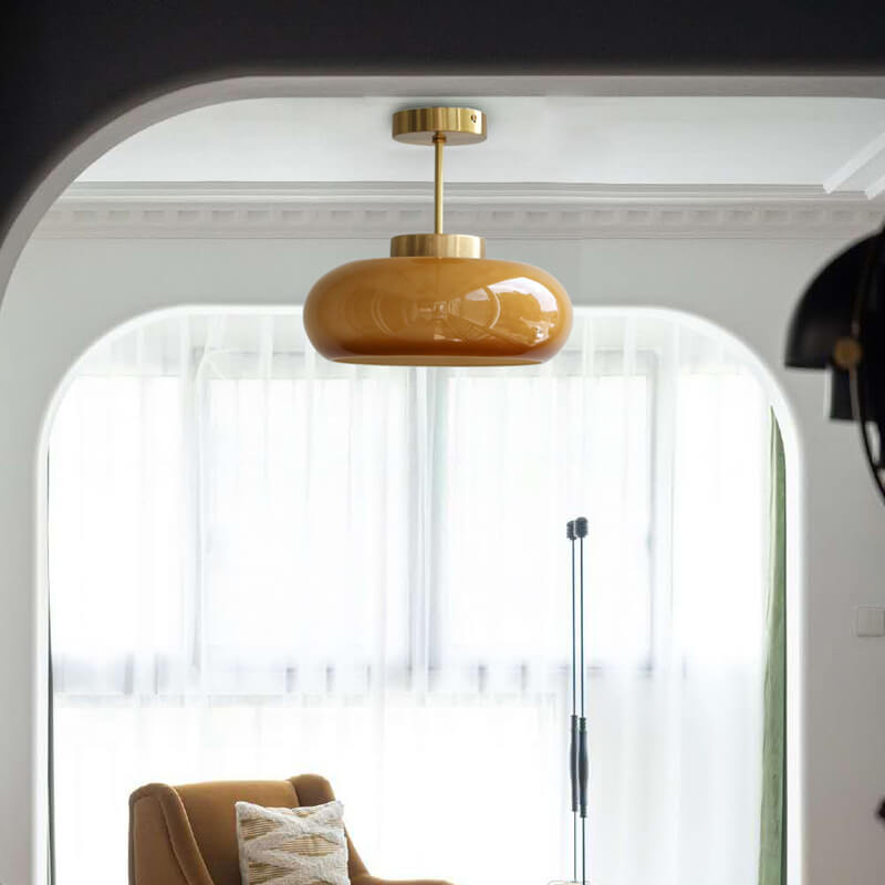 Vintage Brass Semi Flush Ceiling Light — Amber Glass Diffuser