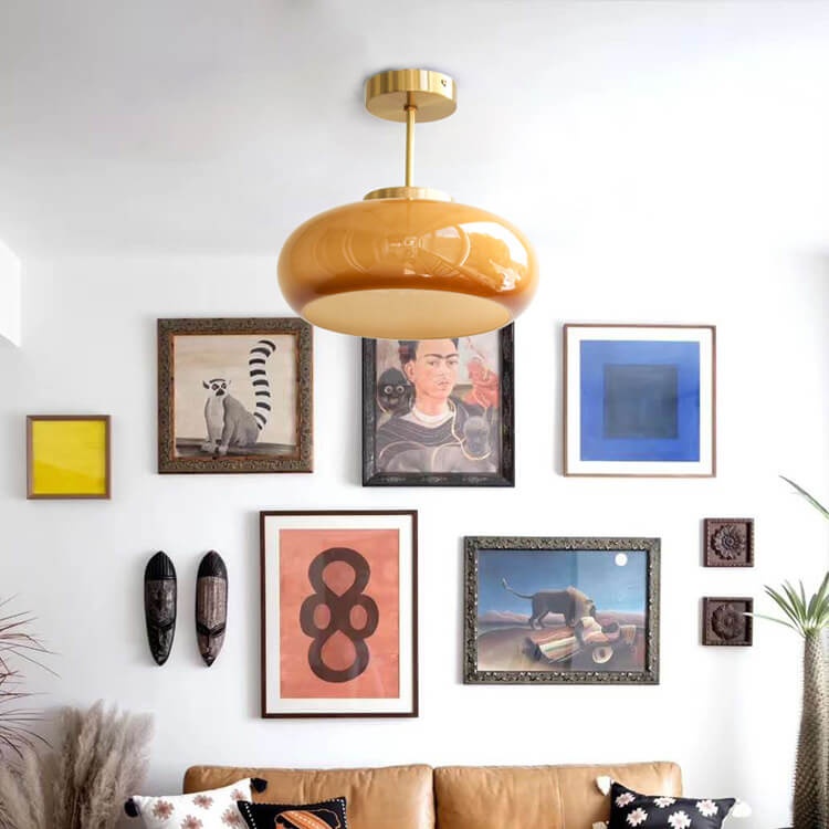 Vintage Brass Semi Flush Ceiling Light — Amber Glass Diffuser