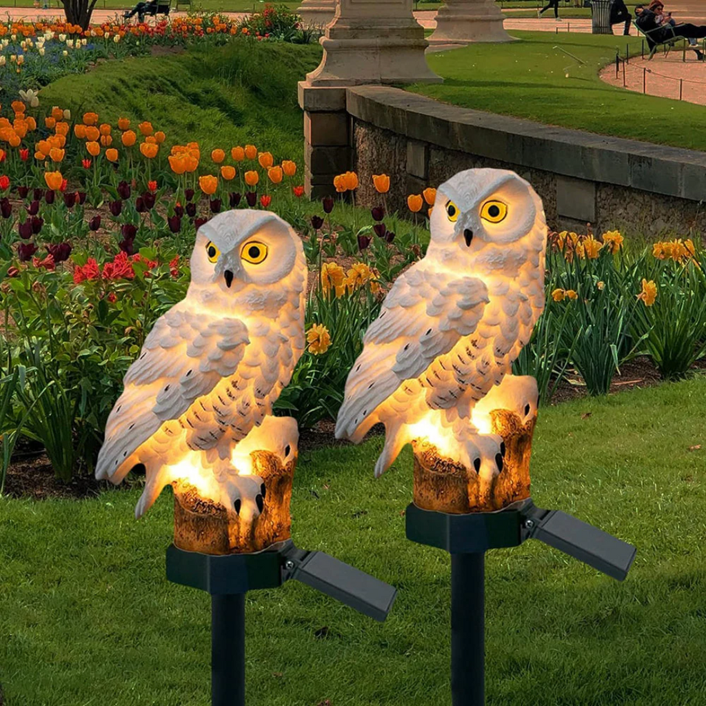 Candeeiro de estaca para jardim com coruja solar — LED branco quente com acendimento automático