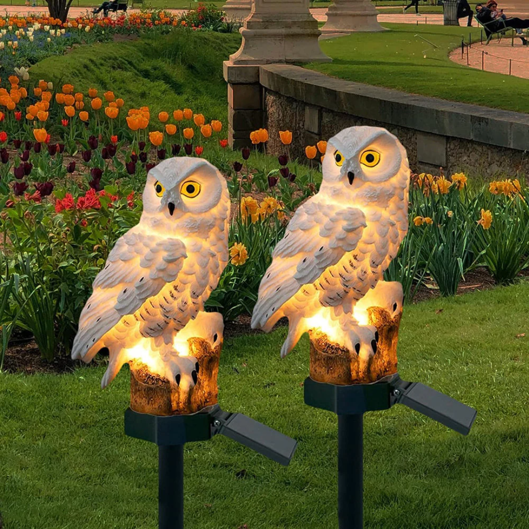 Candeeiro de estaca para jardim com coruja solar — LED branco quente com acendimento automático
