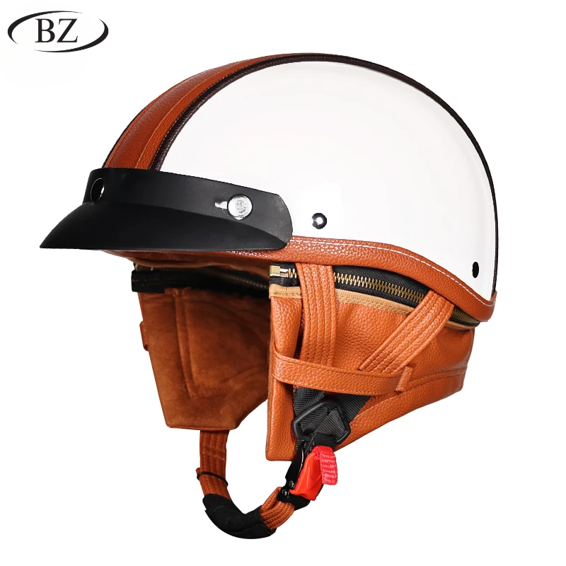 Casco Retro Medio – Acabado Clásico en Cuero con Cubiertas de Orejas Removibles – Aprobado por DOT y ECE - Meowbutter
