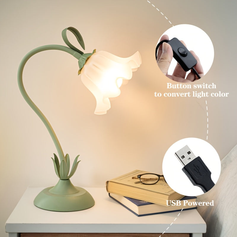 Lampada floreale a fioritura regolabile — alimentata tramite USB, base in ghisa verde, petali in acrilico trasparente