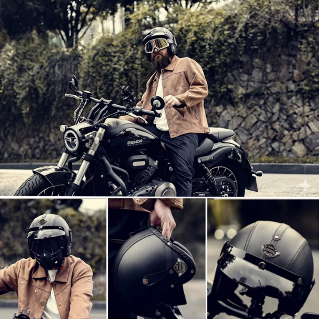 Casco Abierto de Cuero Vintage Premium - Aprobado por DOT y ECE - Meowbutter