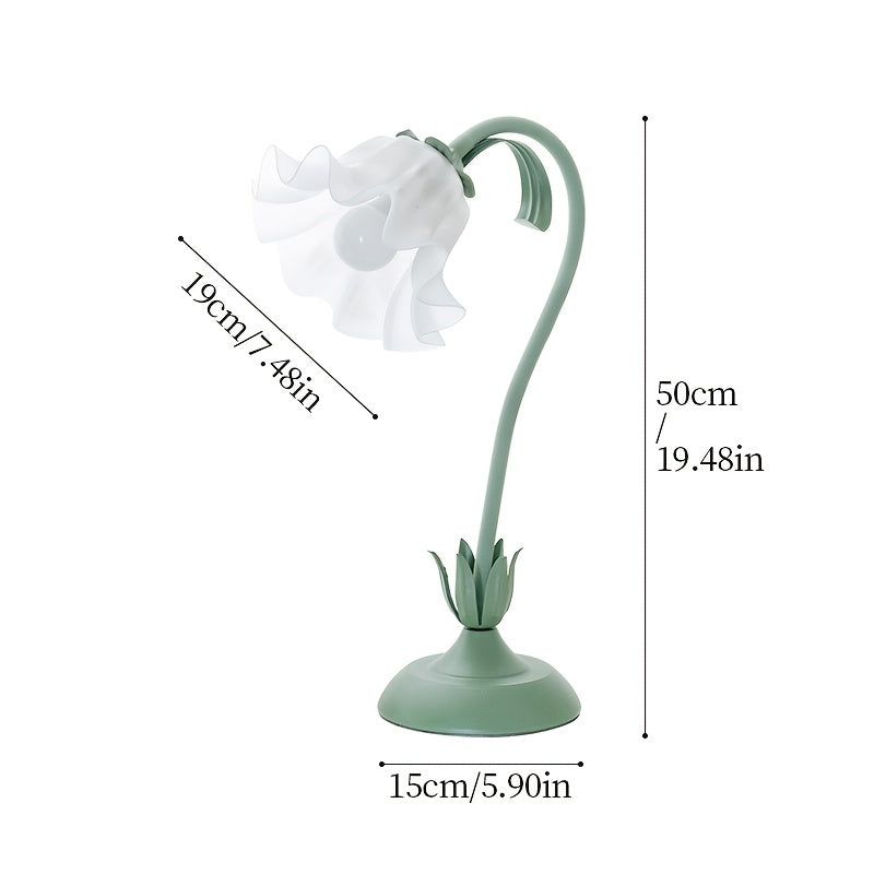 Lampada floreale a fioritura regolabile — alimentata tramite USB, base in ghisa verde, petali in acrilico trasparente