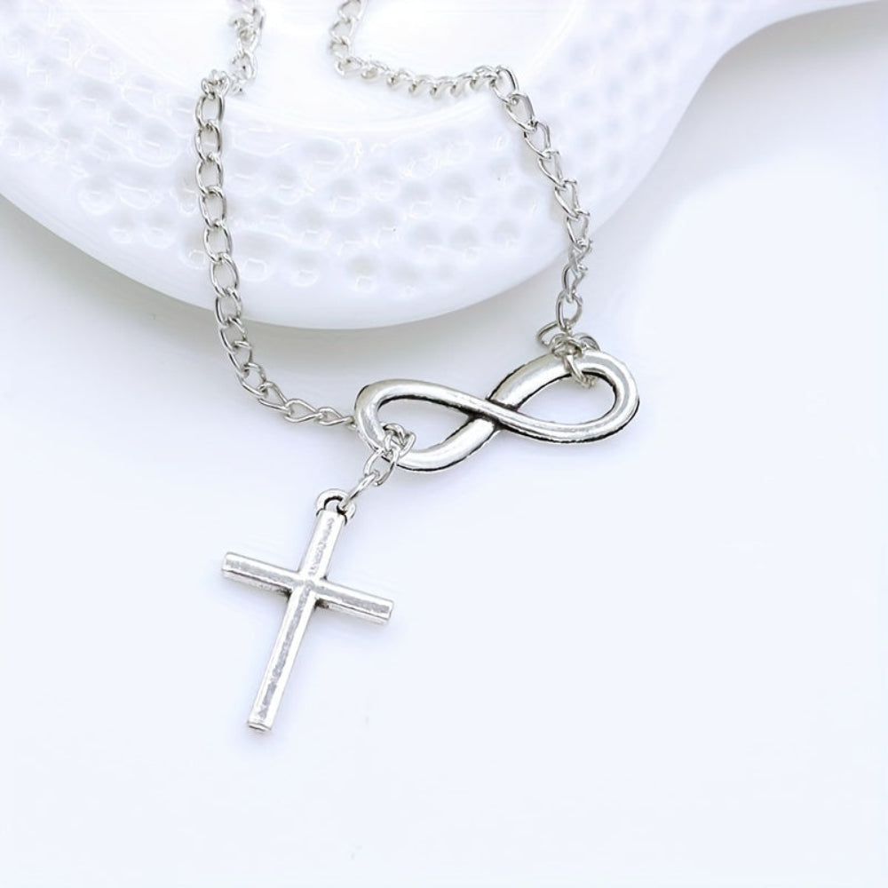 Vintage Silver Cross Necklace — Zinc Alloy Pendant, 3.5 x 2 cm, 50 cm Chain