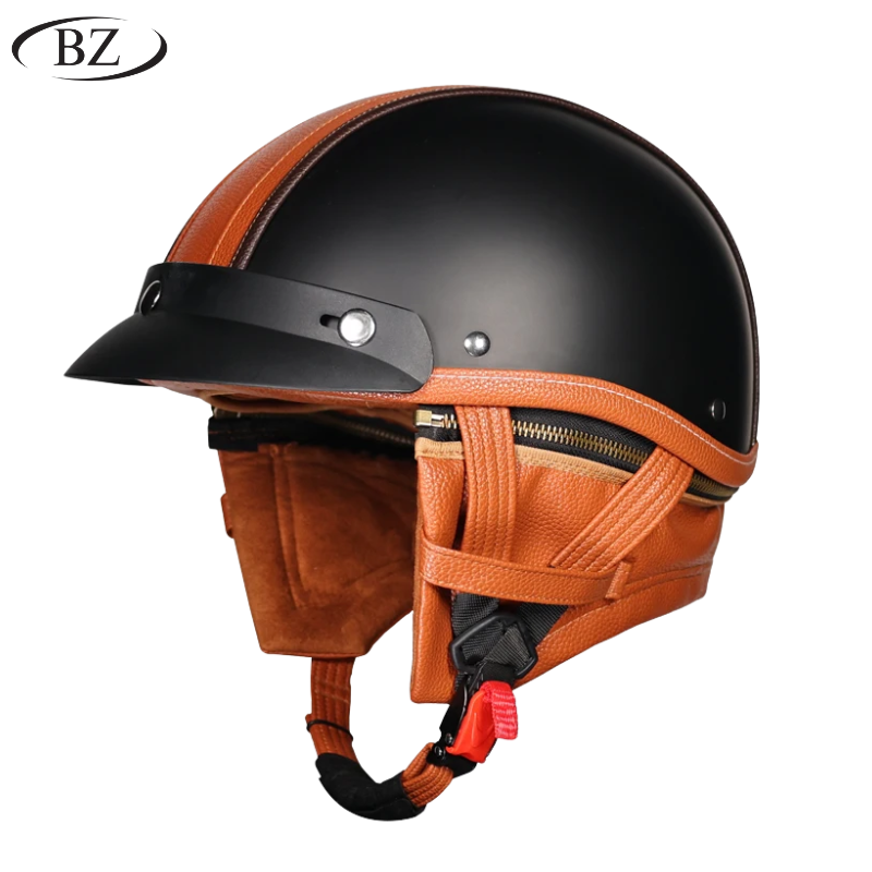 Casco Retro Medio – Acabado Clásico en Cuero con Cubiertas de Orejas Removibles – Aprobado por DOT y ECE - Meowbutter