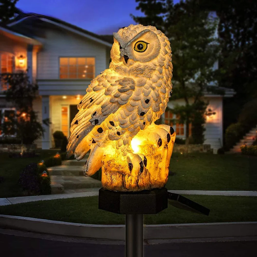 Candeeiro de estaca para jardim com coruja solar — LED branco quente com acendimento automático