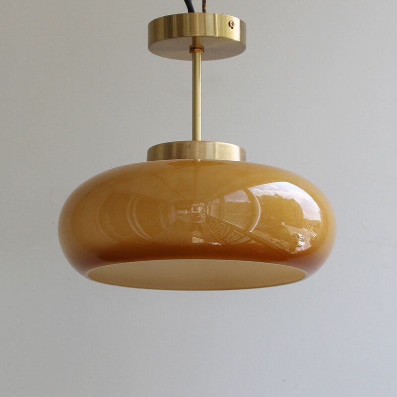 Vintage Brass Semi Flush Ceiling Light — Amber Glass Diffuser
