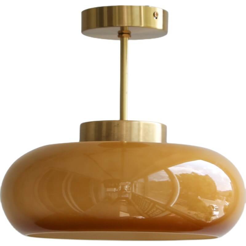 Vintage Brass Semi Flush Ceiling Light — Amber Glass Diffuser