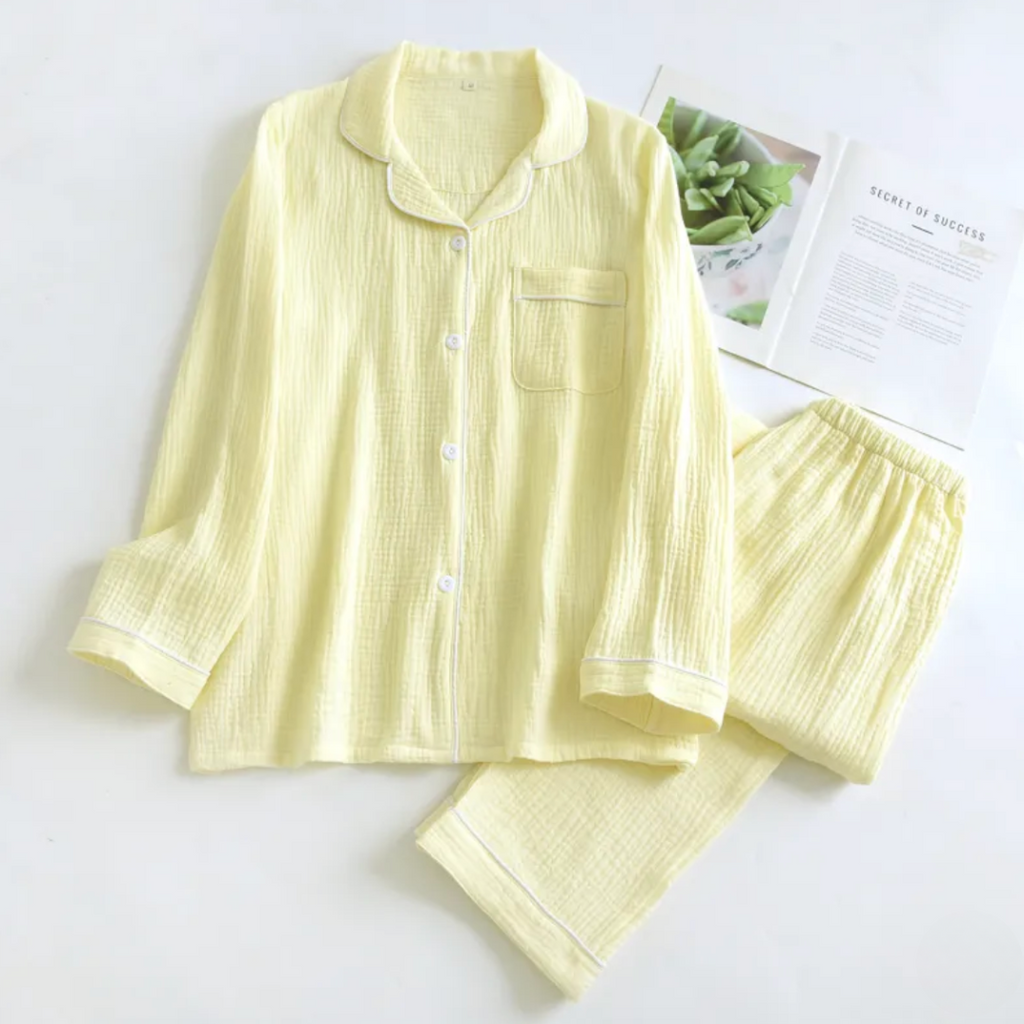 Muslin bomuld pyjamasæt med lange ærmer og bukser