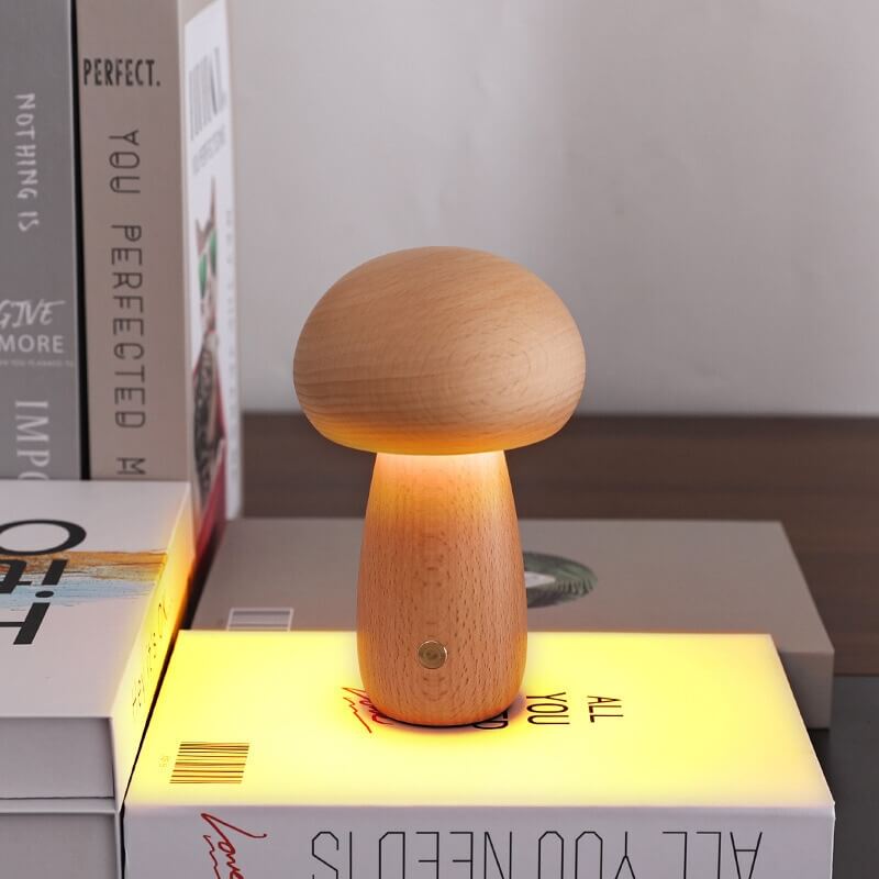 Portobello Mushroom Lamp | Natural Wood Rechargeable Night Light | Meowbutter