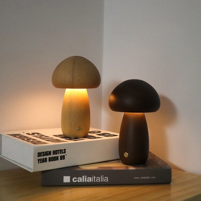 Portobello Mushroom Lamp | Natural Wood Rechargeable Night Light | Meowbutter