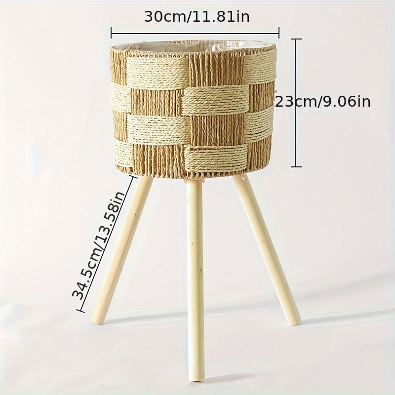 Boho växtställ i vävd bambu — ben i massivt trä