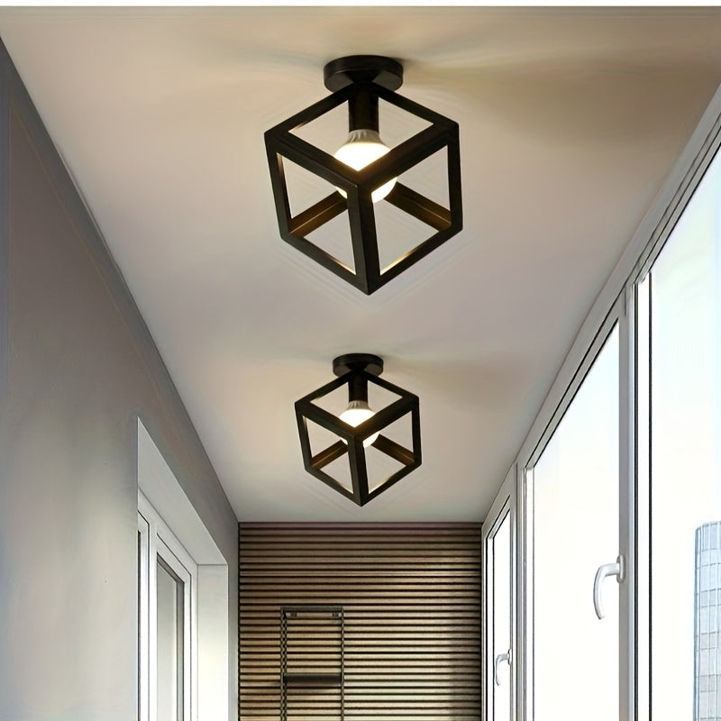 Candeeiro de teto geométrico em forma de cubo, preto mate — Montagem semiembutida, estilo industrial moderno