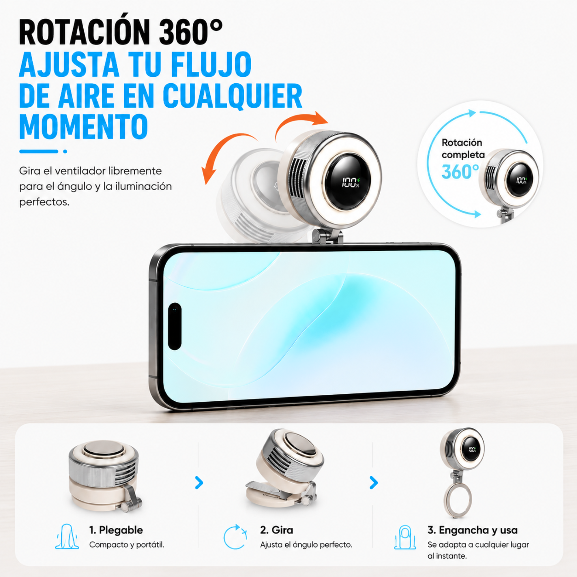 Compact Magnetic Fan With 360 Degree Cooling And Portable LED Light