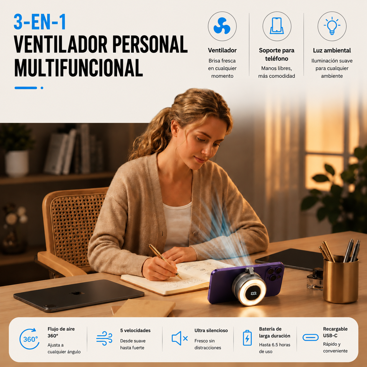 Compact Magnetic Fan With 360 Degree Cooling And Portable LED Light