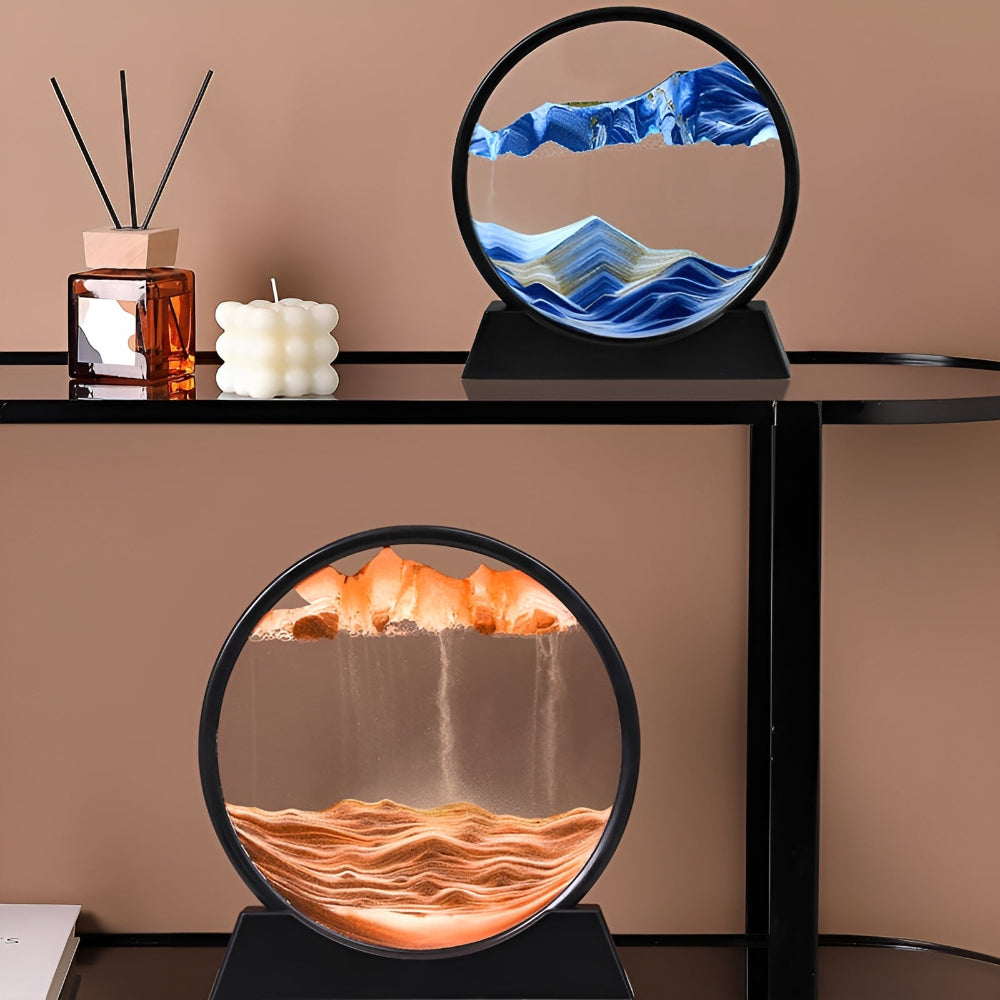 Stolní socha z pohyblivého písku ve skleněném rámu — nakláněný 3D vodopád minerálních vrstev