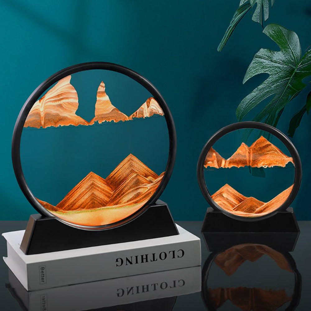 Stolní socha z pohyblivého písku ve skleněném rámu — nakláněný 3D vodopád minerálních vrstev