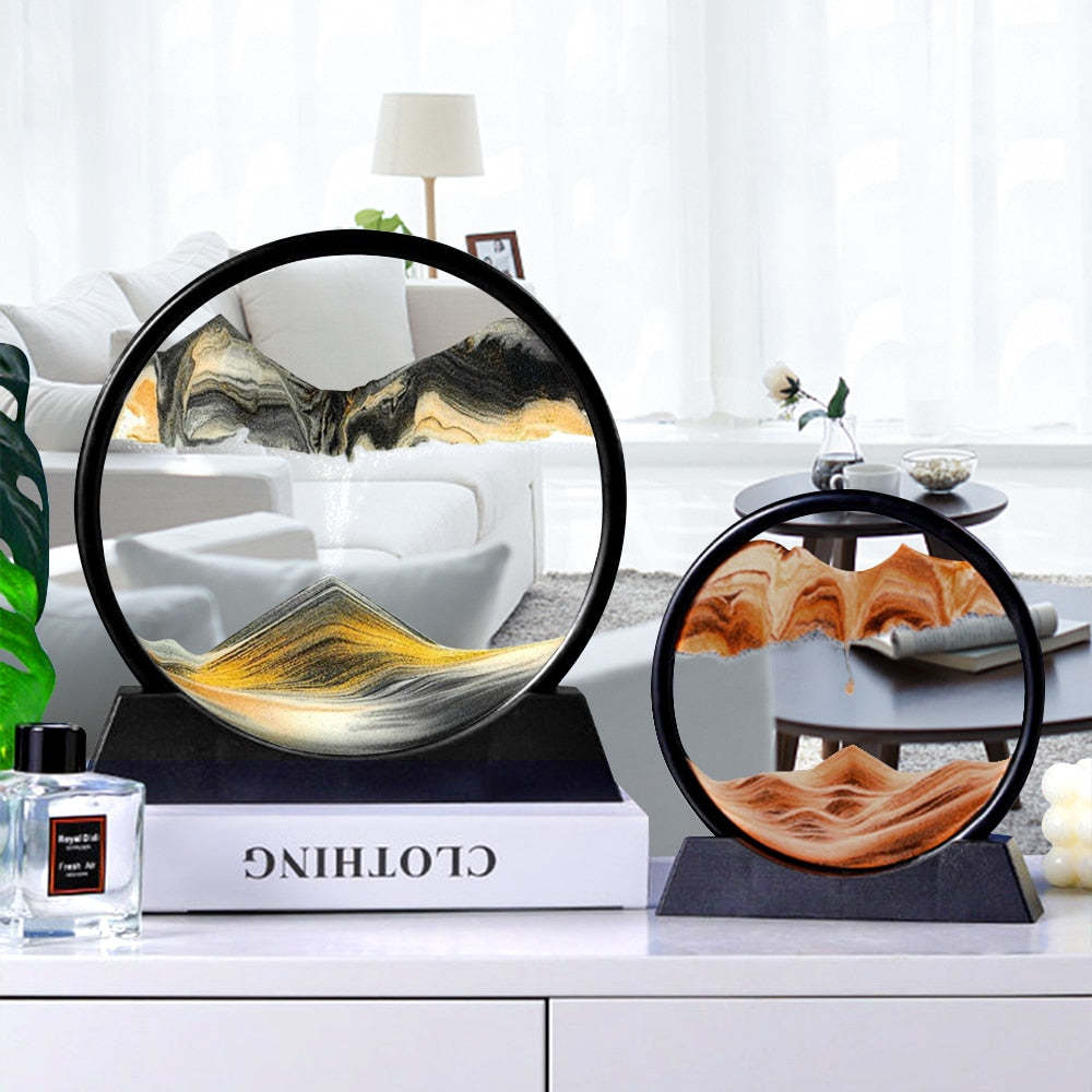 Stolní socha z pohyblivého písku ve skleněném rámu — nakláněný 3D vodopád minerálních vrstev