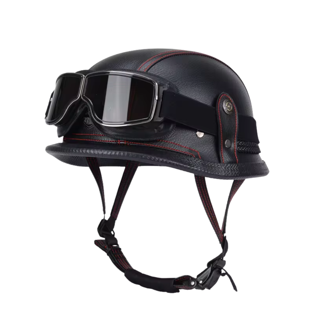 Casco de media cara para motocicleta de cuero alemán retro - Certificación DOT - Meowbutter