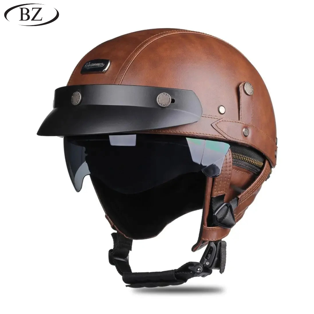 Kask motocyklowy vintage skórzany półotwarty – zatwierdzony DOT i ECE - Meowbutter