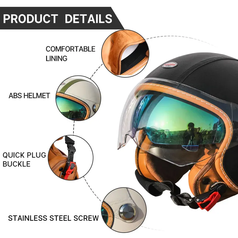 Casco Retro Jet 3/4 – Cara Abierta con Doble Visera Aprobado DOT/ECE - Meowbutter