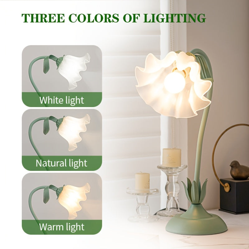 Lampada floreale a fioritura regolabile — alimentata tramite USB, base in ghisa verde, petali in acrilico trasparente