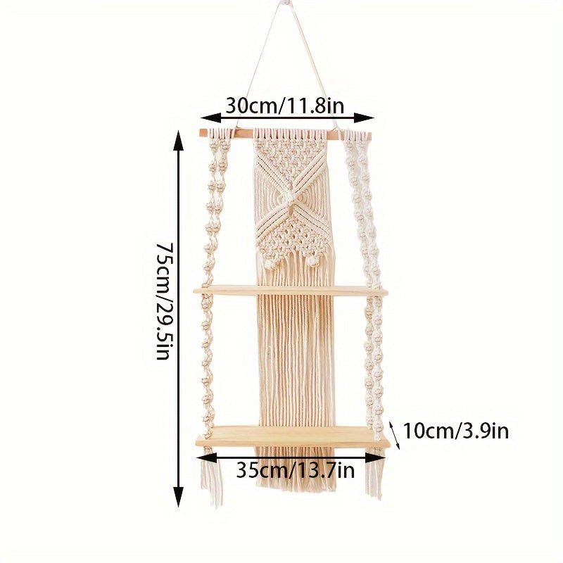 Two Tier Solid Wood Macrame Shelf — Hand Knotted Cotton Storage Rack