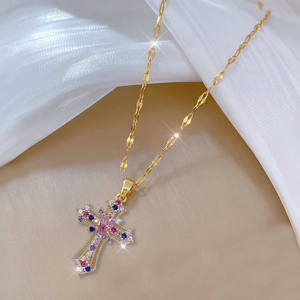 Lightweight Gold Electroplated Cross Pendant Necklace—Low Profile Alloy Base