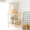 Two Tier Solid Wood Macrame Shelf — Hand Knotted Cotton Storage Rack
